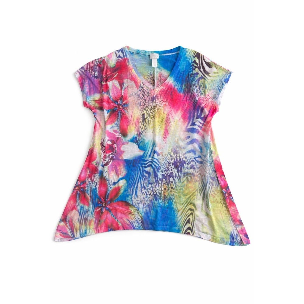 Chico's Multicolor Floral Knit V-Neck Tunic‎ Blouse Short Sleeve Size 1